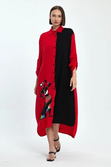 Maxi Boy Kırmızı Nakış İşlemeli Dokuma Viscon Elbise BCVL-25991