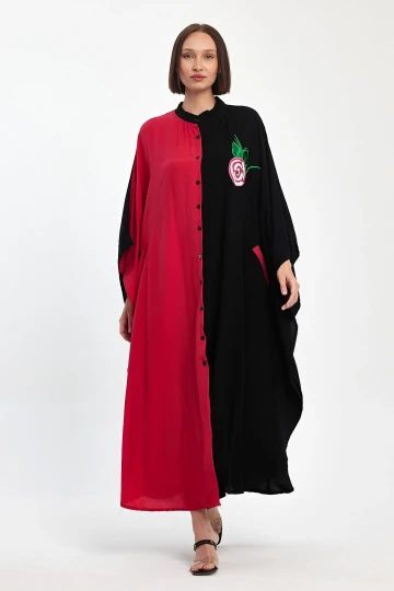 Maxi Boy Kırmızı Nakış İşlemeli Dokuma Viscon Elbise BCVL-25993-1