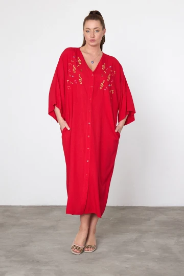 Maxi Boy Kırmızı Nakış İşlemeli Dokuma Viscon Elbise BCVL-25V040