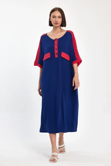 Maxi Boy Lacivert Baskılı Dokuma Viscon Elbise BCVL-251066