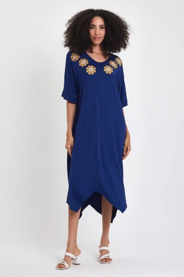 Maxi Boy Lacivert Nakış İşlemeli Örme Viscon Elbise BCVL-251064