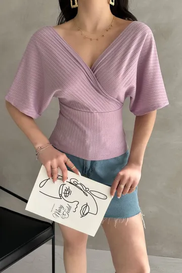 Lila V Yaka Sırtı Çapraz Bantlı Fitilli Bluz 