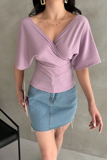 Lila V Yaka Sırtı Çapraz Bantlı Fitilli Bluz  BCDF-252177