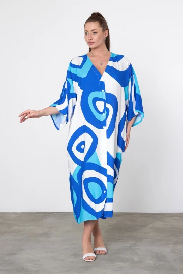 Maxi Boy Mavi Baskılı Dokuma Viscon Elbise BCVL-25905