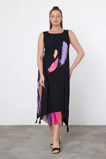 Maxi Boy Mor Baskılı Parça Detaylı Viscon Elbise BCVL-252025