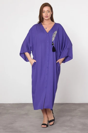 Maxi Boy Mor Nakış İşlemeli Dokuma Viscon Elbise BCVL-25V039