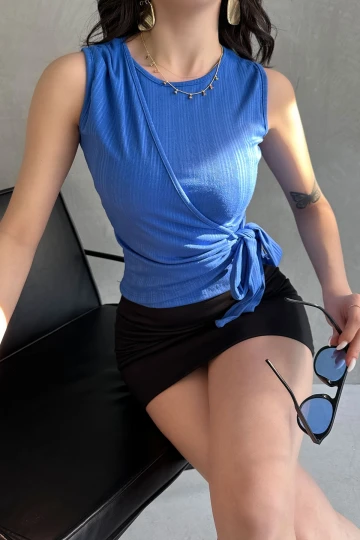 Saks Askılı Önü Kruvaze Bağlamalı Bluz BCDF-252180