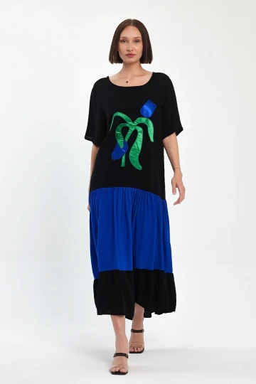 Maxi Boy Saks Nakış İşlemeli Dokuma Viscon Elbise BCVL-251041