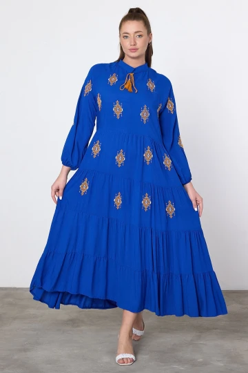 Saks Nakış İşlemeli Maxi Boy Dokuma Viscon Elbise