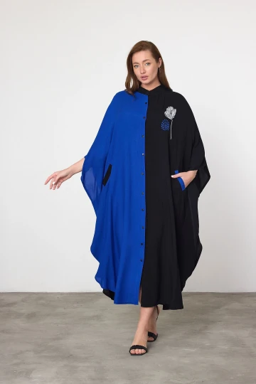 Maxi Boy Saks Nakış İşlemeli Dokuma Viscon Elbise BCVL-25993