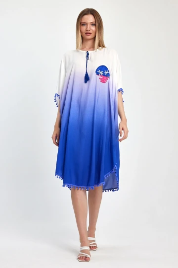 Maxi Boy Saks Nakış İşlemeli Püsküllü Dokuma Viscon Elbise BCVL-251014