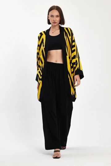 Maxi Boy Sarı Baskılı Kimono Ve Pantolon Dokuma Viscon Alt Üst Takım BCVL-251061