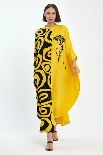 Maxi Boy Sarı Nakış İşlemeli Dokuma Viscon Elbise BCVL-251033
