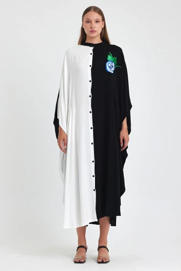 Maxi Boy Siyah Beyaz Nakış İşlemeli Dokuma Viscon Elbise BCVL-25993-1