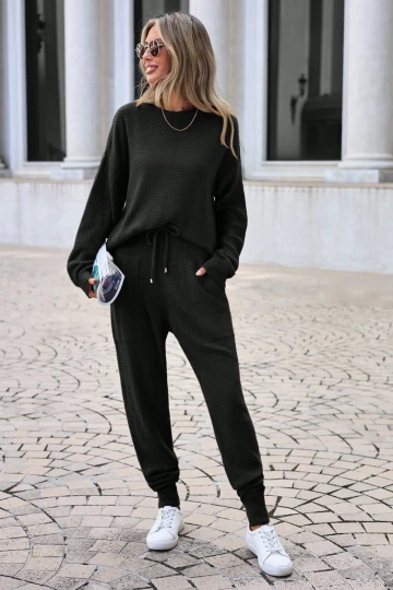 Siyah Bisiklet Yaka Çift Cepli Selanik Örgü Rahat Kalıp Triko Alt Üst Takım BC24YG157STN