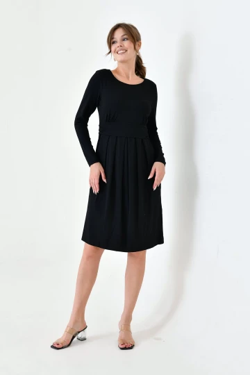 Siyah Bisiklet Yaka Pileli Geniş Kesim Hamile Elbisesi BC25PKN20