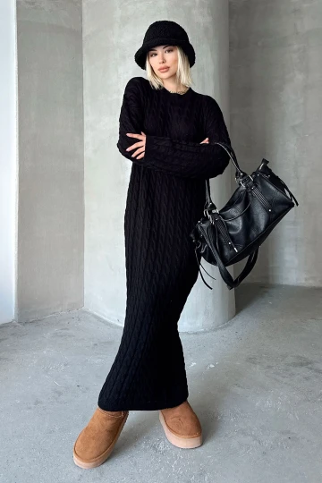 Siyah Bisiklet Yaka Saç Örgülü Midi Boy Kışlık Triko Elbise BCVL-T24ELB1