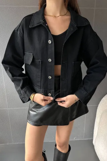 Siyah Çift Cep Beli Düğme Detaylı Denim Ceket
