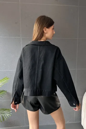 Siyah Çift Cep Beli Düğme Detaylı Denim Ceket