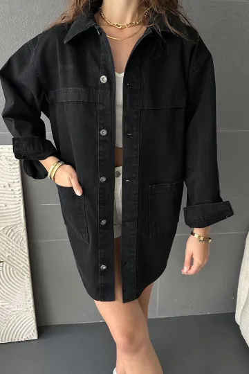 Siyah Düğmeli Çift Cep Oversize Denim Gömlek Ceket