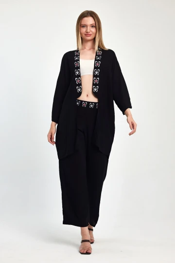 Maxi Boy Siyah Fuşya Nakış İşlemeli Ceket Ve Pantolon Dokuma Viscon Alt Üst Takım BCVL-251056