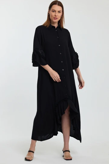 Maxi Boy Siyah Güpür Detaylı Dokuma Viscon Elbise BCVL-25S50