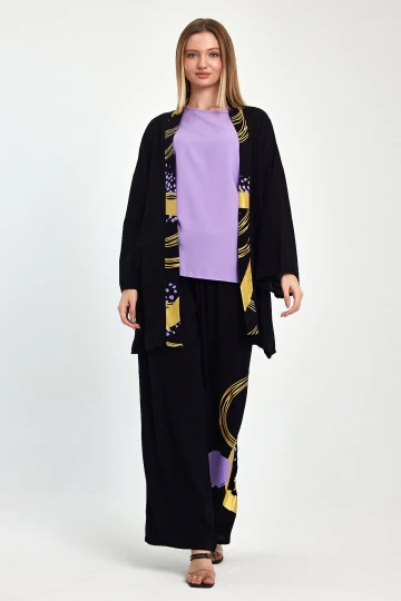 Maxi Boy Siyah Mor Baskılı Kimono Ve Pantolon Dokuma Viscon Alt Üst Takım BCVL-251084