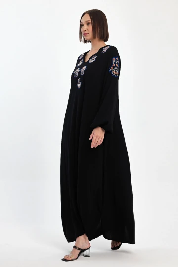 Maxi Boy Siyah Nakış İşlemeli Dokuma Viscon Elbise BCVL-251044