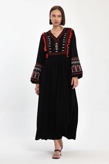 Maxi Boy Siyah Nakış İşlemeli Dokuma Viscon Elbise BCVL-251070