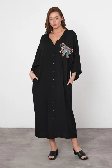Maxi Boy Siyah Nakış İşlemeli Dokuma Viscon Elbise BCVL-25V048