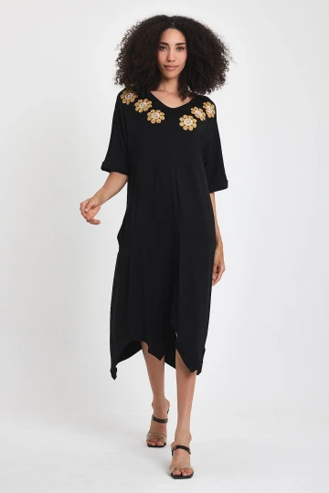 Maxi Boy Siyah Nakış İşlemeli Örme Viscon Elbise BCVL-251064