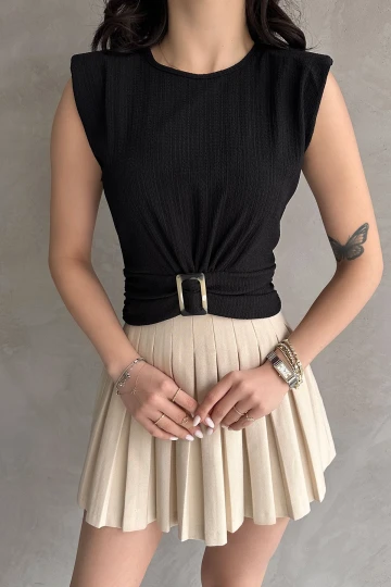 Siyah Omuzu Vatkalı Beli Kemerli Bürümcük Bluz BCDF-252164