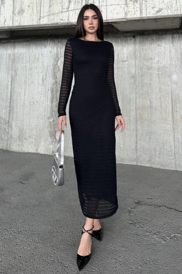 Siyah Sırt Dekolteli File Detaylı Elbise BCDF-252153