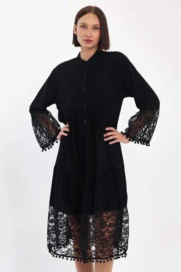 Maxi Boy Siyah Tül Detaylı Uzun Boy Dokuma Viscon Elbise BCVL-25983