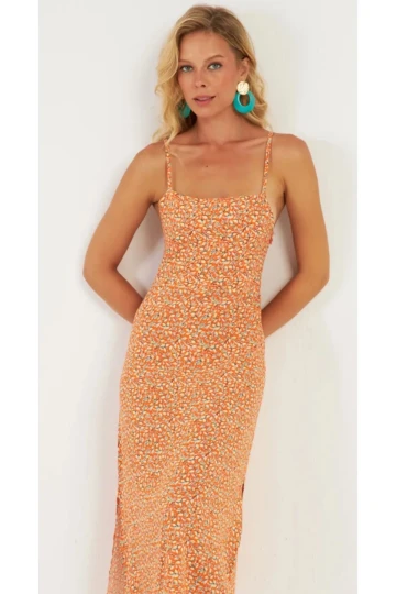 Turuncu İp Askılı Minik Desenli Örme Viscon Elbise BCVS-251000