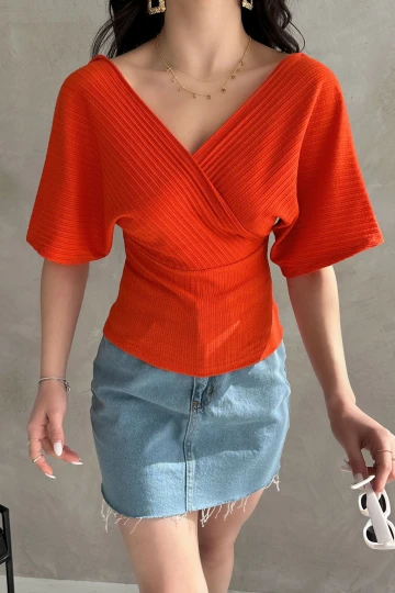 Turuncu V Yaka Sırtı Çapraz Bantlı Fitilli Bluz  BCDF-252177