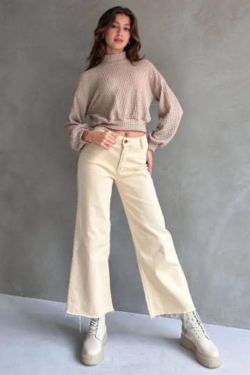 Vizon Balıkçı Yaka Dokulu Crop Bluz
