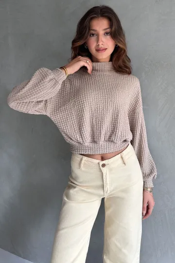 Vizon Balıkçı Yaka Dokulu Crop Bluz