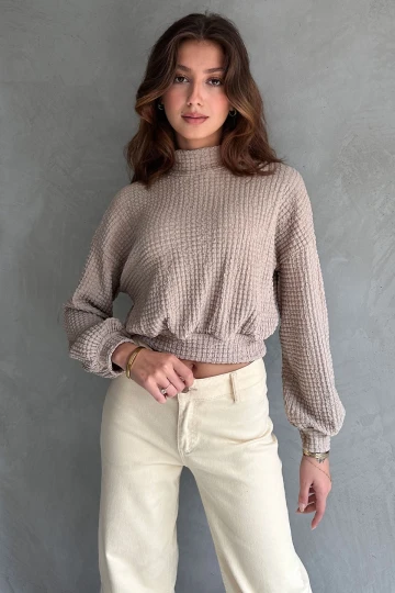 Vizon Balıkçı Yaka Dokulu Crop Bluz BCDF-242126