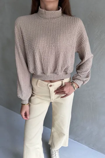 Vizon Balıkçı Yaka Dokulu Crop Bluz