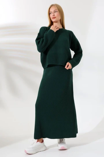 Yeşil Bisiklet Yaka Kazak Ve Etekli 2Li Alt Üst Triko Takım BCES-241001