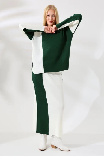 Yeşil Bisiklet Yaka Renk Bloklu Kazak Ve Etekli 2Li Alt Üst Triko Takım BCES-241000