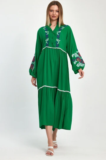 Maxi Boy Yeşil Nakış İşlemeli Dokuma Viscon Elbise BCVL-25967