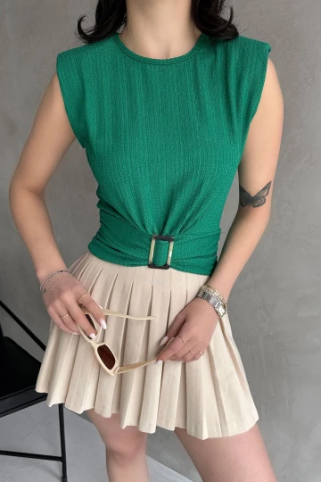 Yeşil Omuzu Vatkalı Beli Kemerli Bürümcük Bluz BCDF-252164