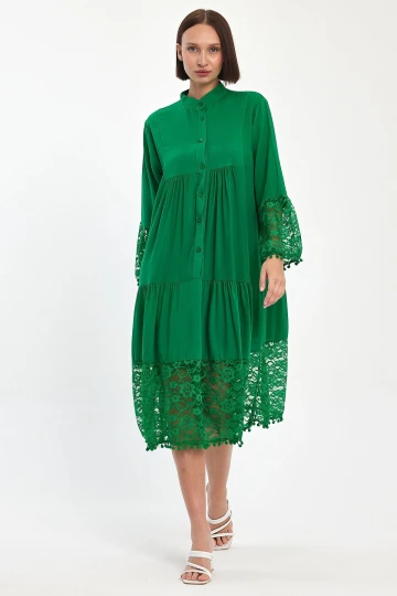 Maxi Boy Yeşil Tül Detaylı Uzun Boy Dokuma Viscon Elbise BCVL-25983