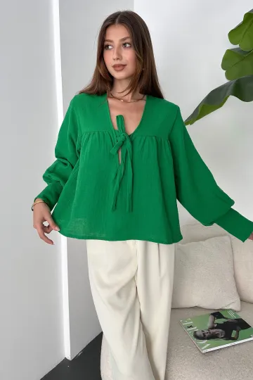 Yeşil Yakası Bağlamalı Basic Krinkle Bluz