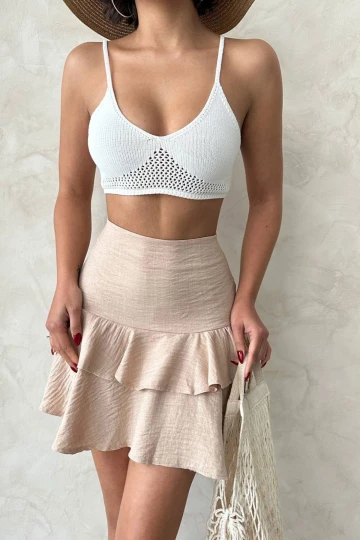 Bej Yüksek Bel Eteği Fırfırlı Dokuma Etek BCHN-2525681