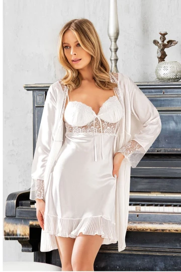 Beyaz Saten Dantel Detaylı Uzun Gecelik Sabahlık 2Li Takım BCAN-251455AS