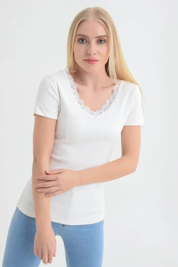 Ekru Önü Arkası V Dantelli Kısa Kol Kaşkorse Bluz CO-2591515270