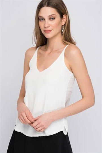 Ekru V Yaka İp Askılı Yırtmaçlı Dokuma Bluz CO-258121702